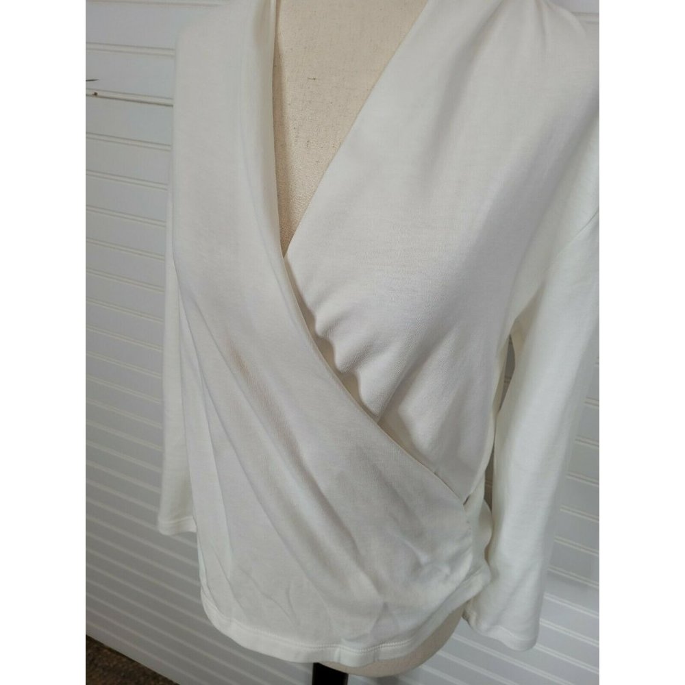 Maeve Anthropologie White Faux Wrap Long Sleeve V Neck Blouse Top Sz. M_4